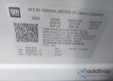 2022 Chevrolet Equinox Awd 2Fl из США, поврежденный, VIN 2GNAXTEV4N6142833
